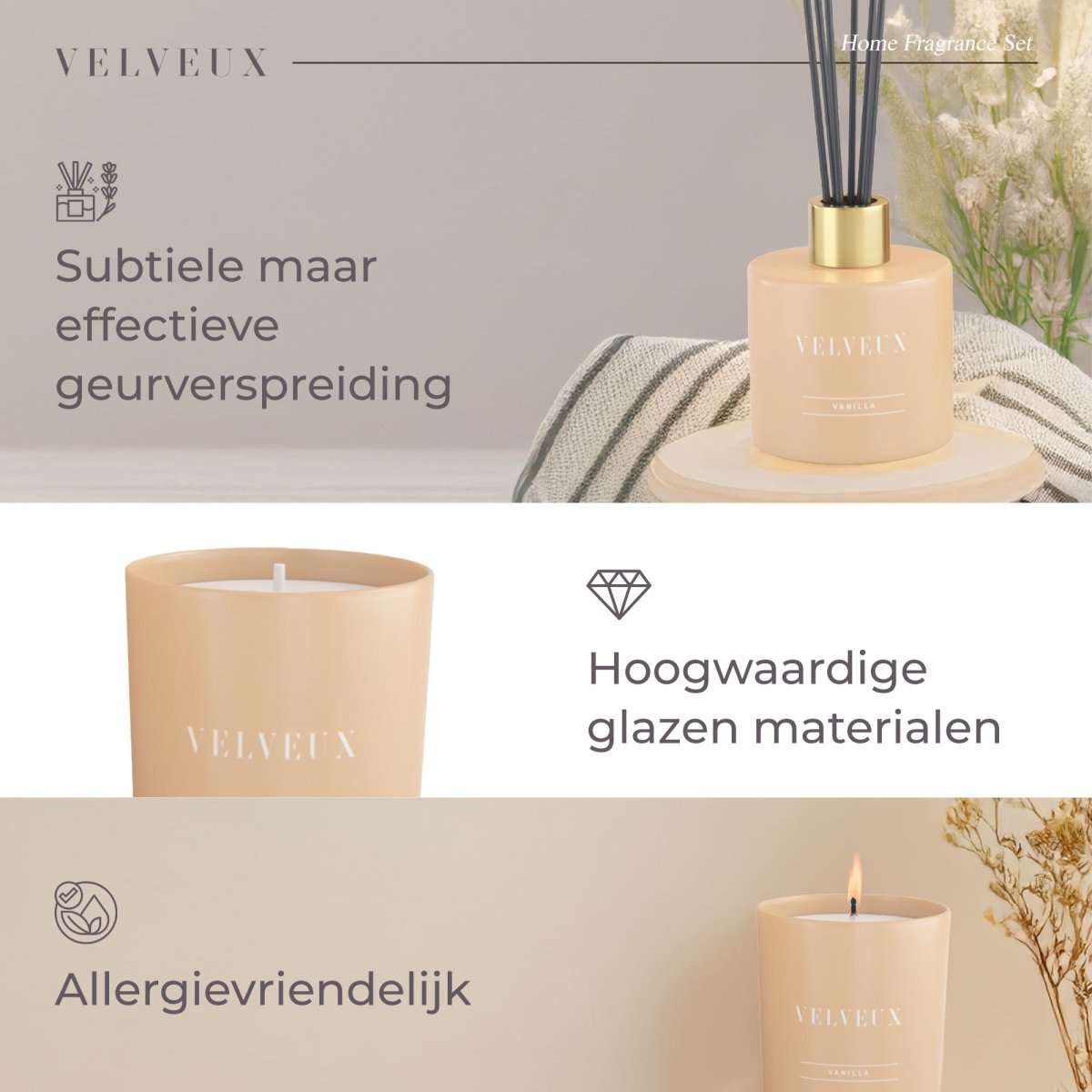 Geurkaars en geurstokjes home decoratieset | Vanille - Velveux - 8720865759586 - Vegan en Natuurlijke skincare routine's