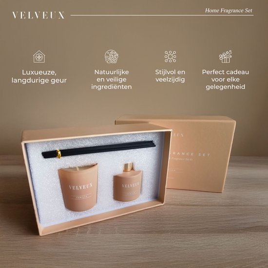 Geurkaars en geurstokjes home decoratieset | Vanille - Velveux - 8720865759586 - Vegan en Natuurlijke skincare routine&#39;s