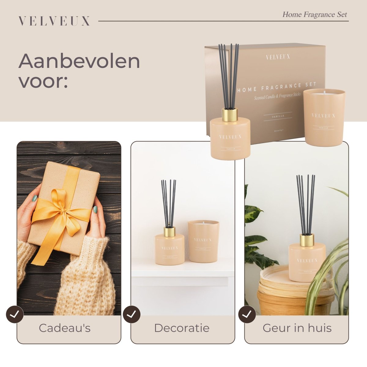 Geurkaars en geurstokjes home decoratieset | Vanille - Velveux - 8720865759586 - Vegan en Natuurlijke skincare routine's