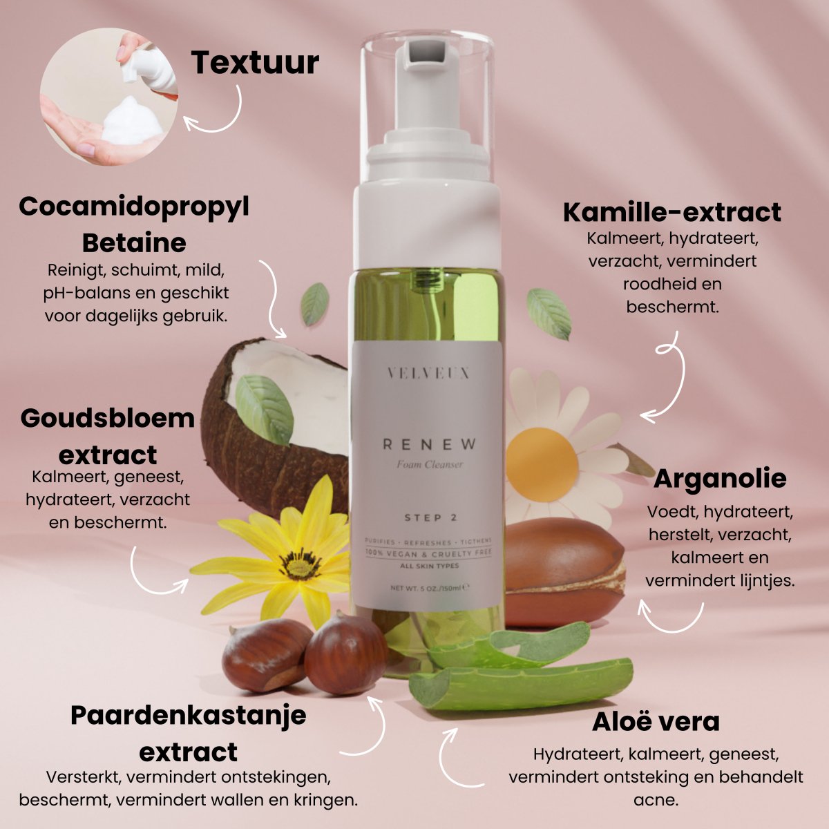 Renew - natuurlijke schuim gezichtsreiniger - foam cleanser face - Velveux - 8720256752806 - Vegan en Natuurlijke skincare routine's