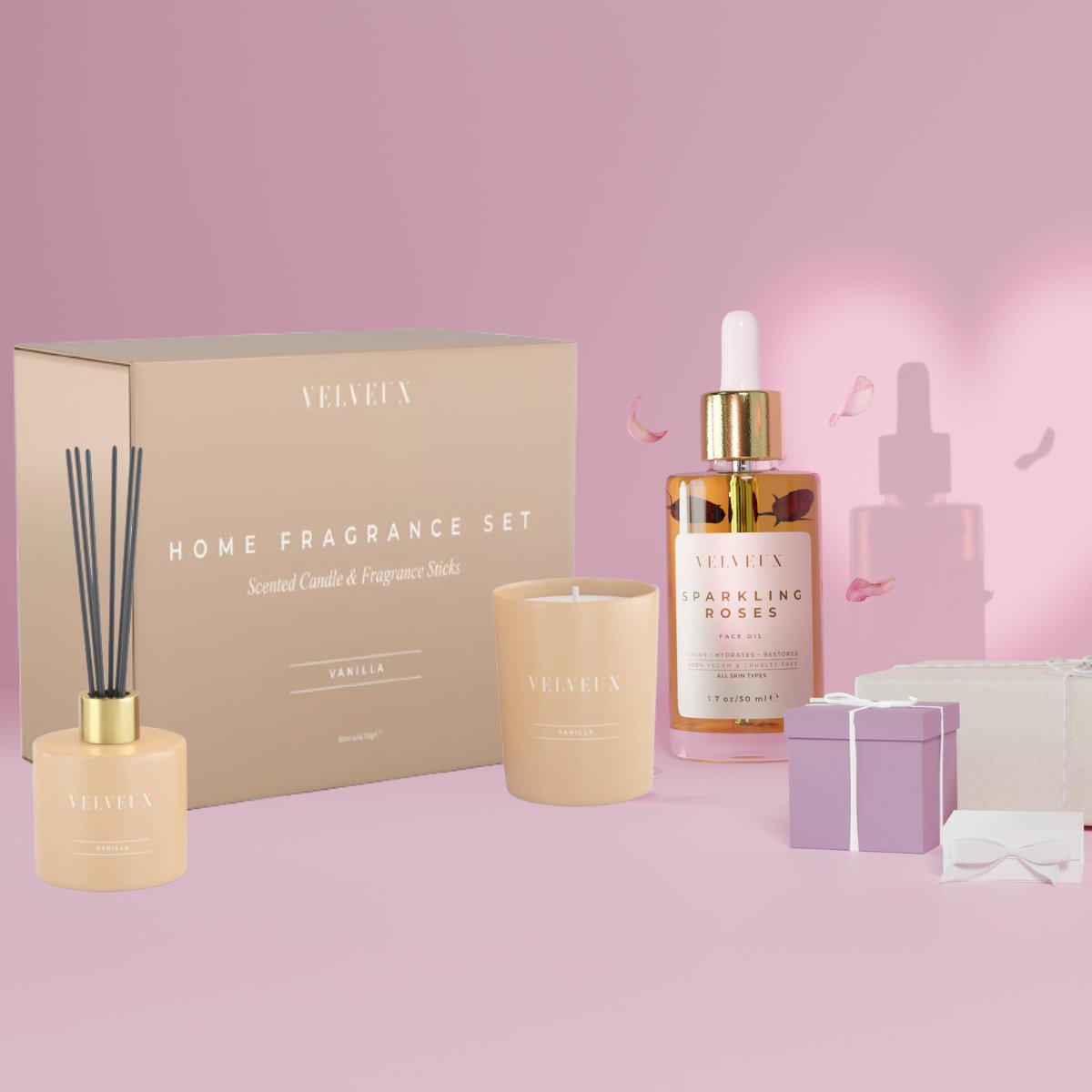 Velveux Geschenkset - Vanille Geurkaars set met rozenolie en haarband - Velveux - 8720865759593 - Vegan en Natuurlijke skincare routine's