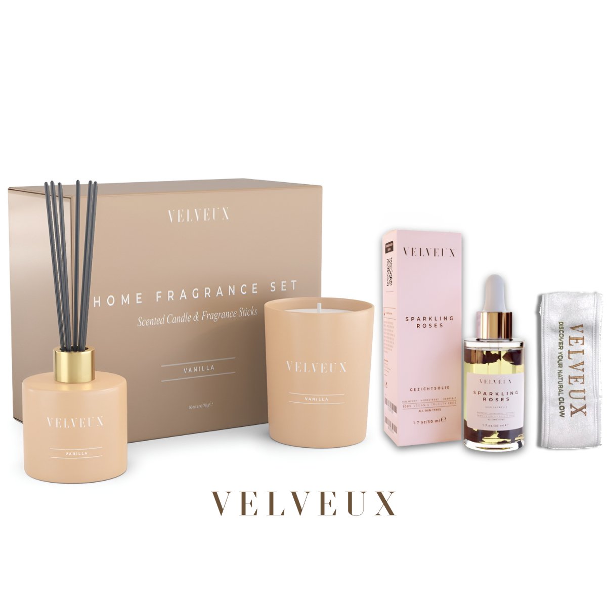 Velveux Geschenkset - Vanille Geurkaars set met rozenolie en haarband - Velveux - 8720865759593 - Vegan en Natuurlijke skincare routine's